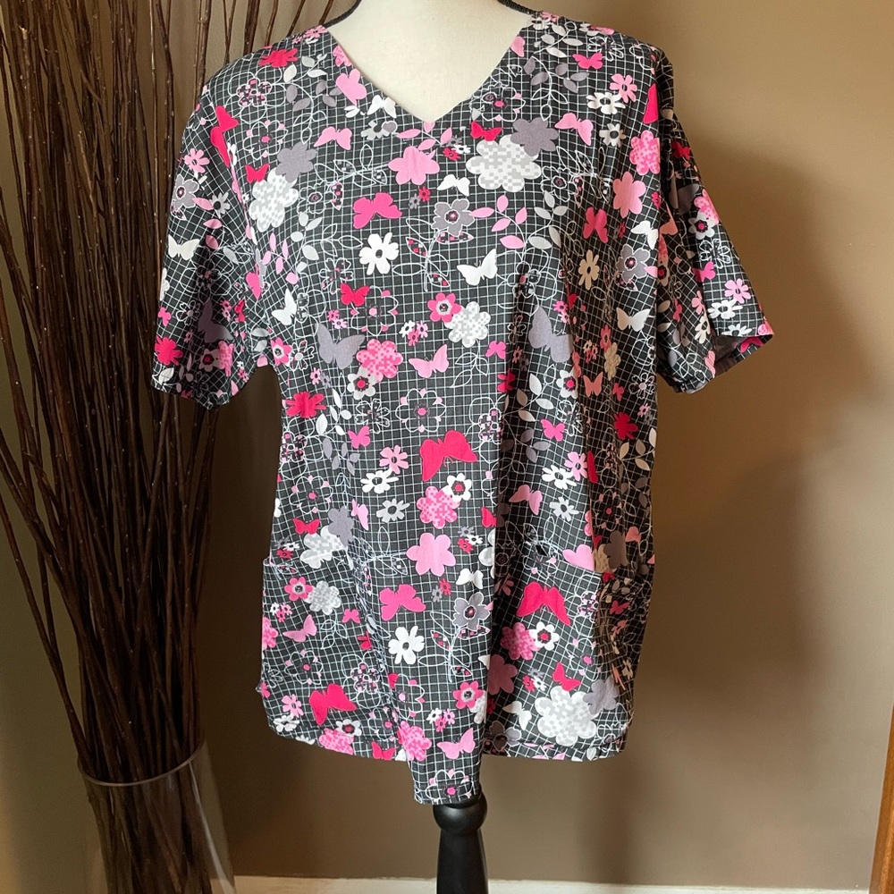 Floral Print Women's Scrub Top - Pink, Black and Gray
